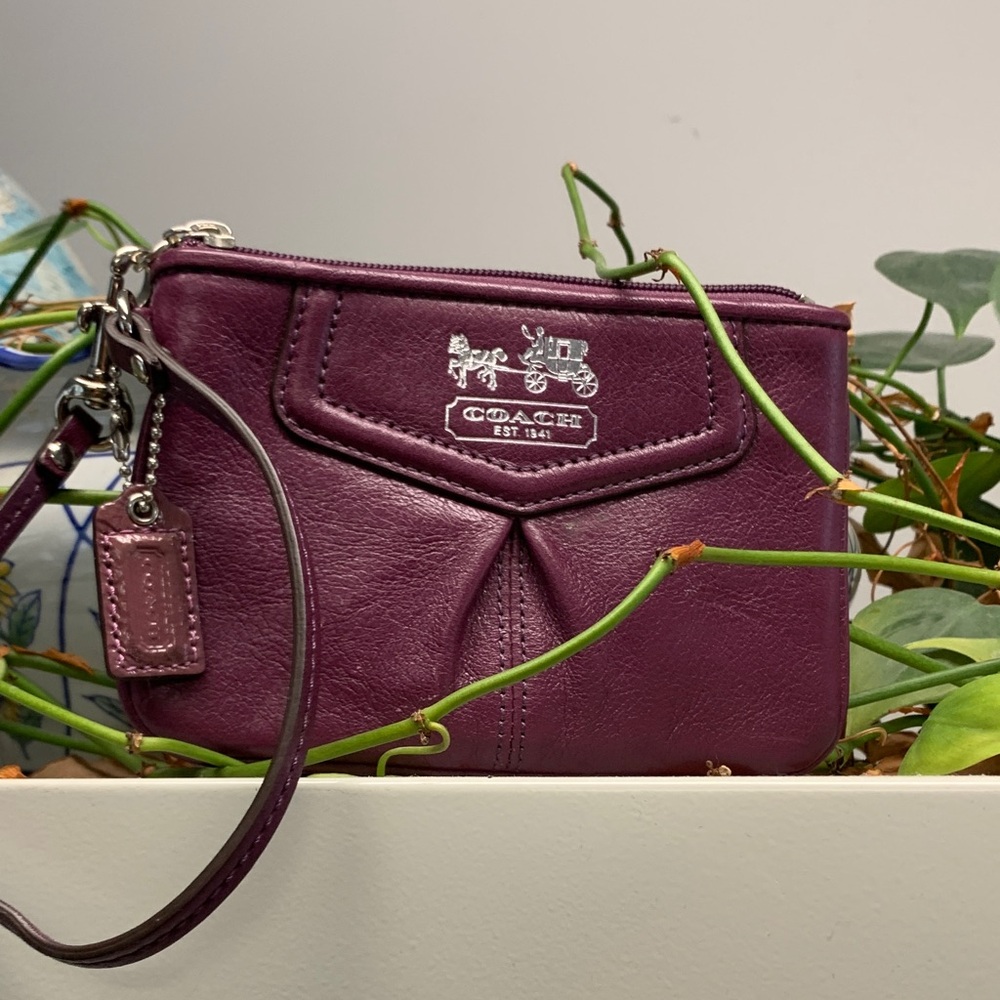 Coach Plum Leather Wristlet with Silver Logo